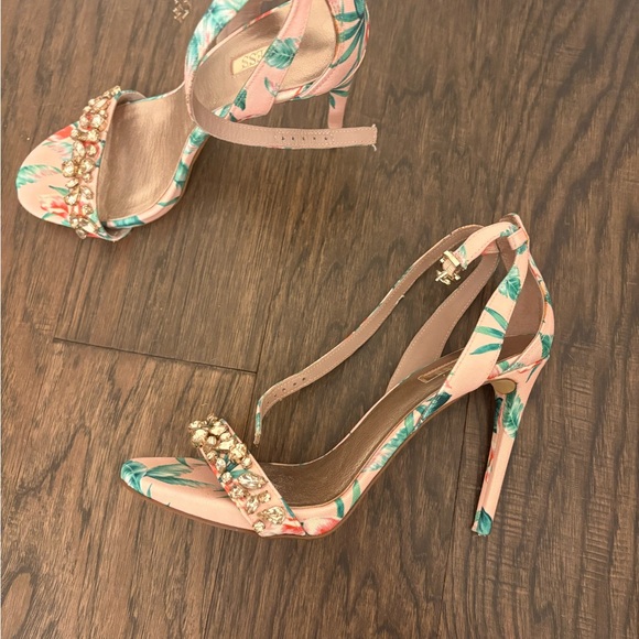 Guess Shoes - Guess Pink and Green Floral Heels with Gold Details